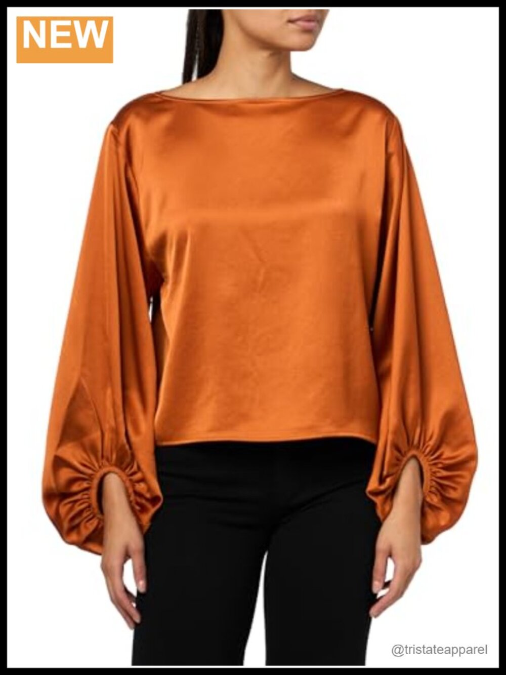 Long Balloon Sleeve Satin Blouse, 100% Polyester, Boat Neck, Relaxed Fit